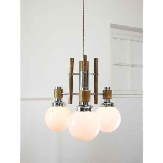Image 1 of Vintage chrome and opaline glass chandelier, 1960