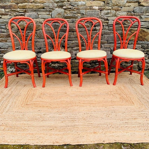 Set of 4 vintage red rattan chairs