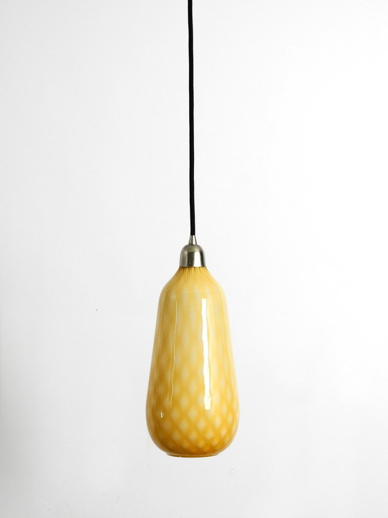 Image 1 of Beautiful Yellow & White Italian Mid Century Murano Glass Pendant Lamp In Rare Design