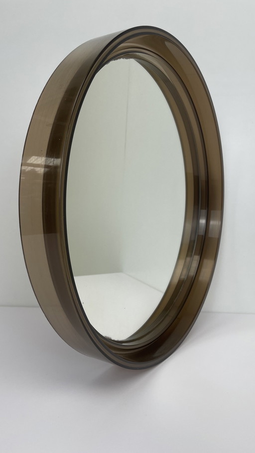 Vintage French Space Age Brown Plexiglas Wall Mirror Round