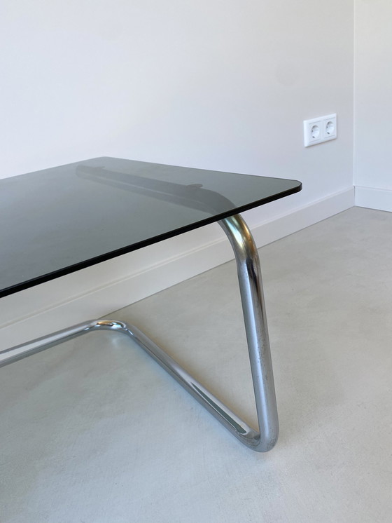 Image 1 of Coffee Table With Stainless Steel Base And Smoke Glass Top