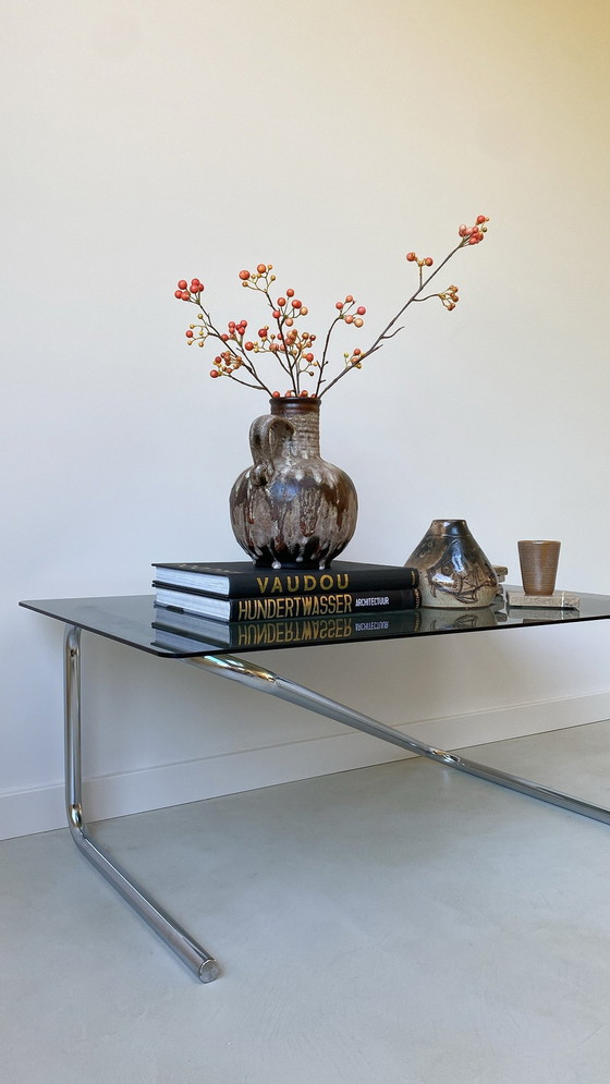 Image 1 of Coffee Table With Stainless Steel Base And Smoke Glass Top