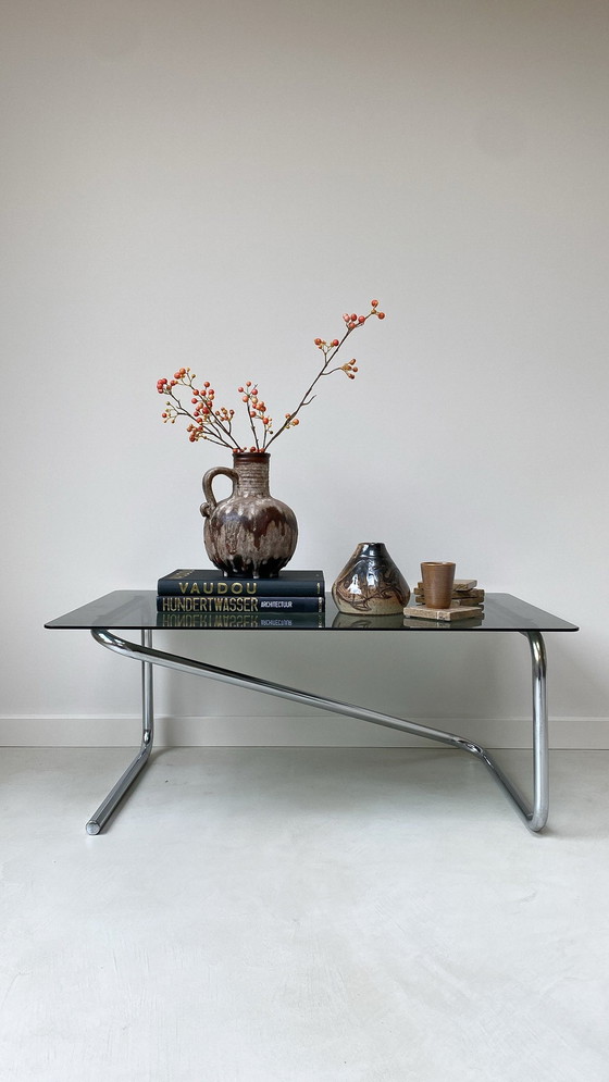 Image 1 of Coffee Table With Stainless Steel Base And Smoke Glass Top