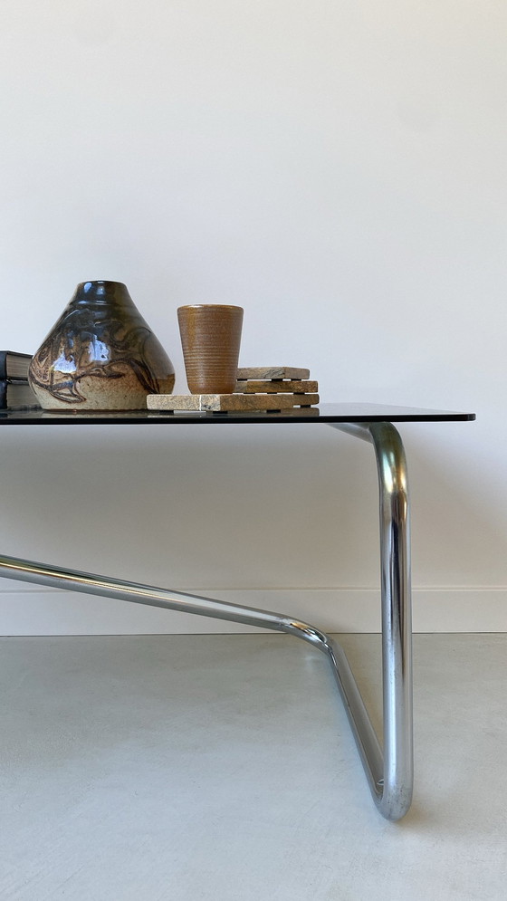 Image 1 of Coffee Table With Stainless Steel Base And Smoke Glass Top