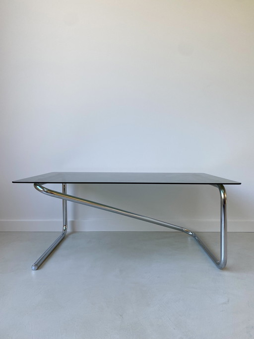 Coffee Table With Stainless Steel Base And Smoke Glass Top