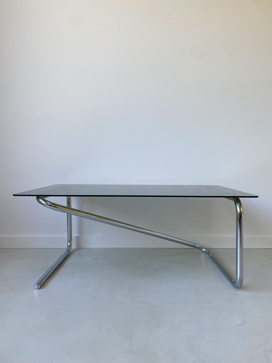 Image 1 of Coffee Table With Stainless Steel Base And Smoke Glass Top