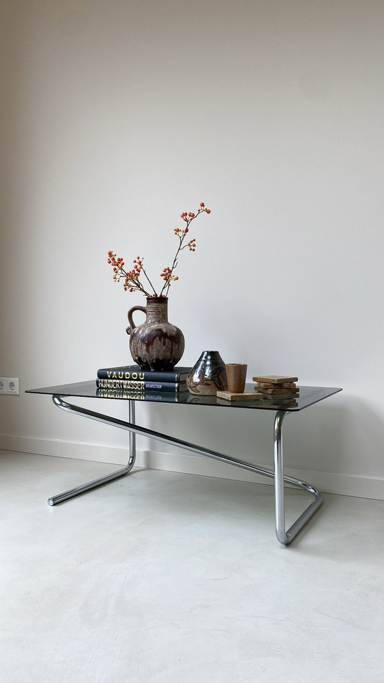 Image 1 of Coffee Table With Stainless Steel Base And Smoke Glass Top