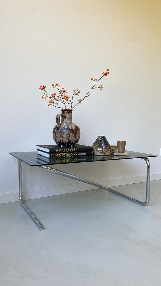 Image 1 of Coffee Table With Stainless Steel Base And Smoke Glass Top