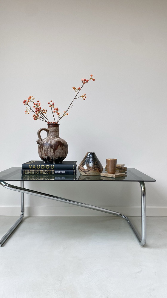 Image 1 of Coffee Table With Stainless Steel Base And Smoke Glass Top