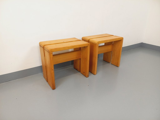 Paire De Tabourets Charlotte Perriand Les Arcs Vintage En Pin Des Années 60 70
