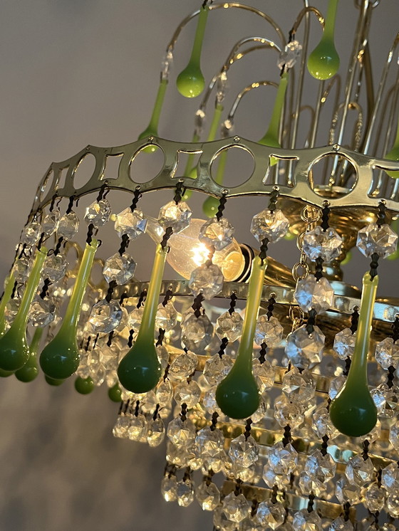 Image 1 of Vintage Opaline Green Teardrop Chandelier Pendant Lamp