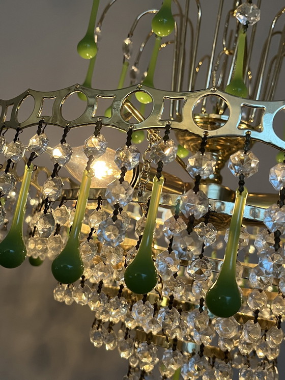 Image 1 of Vintage Opaline Green Teardrop Chandelier Pendant Lamp