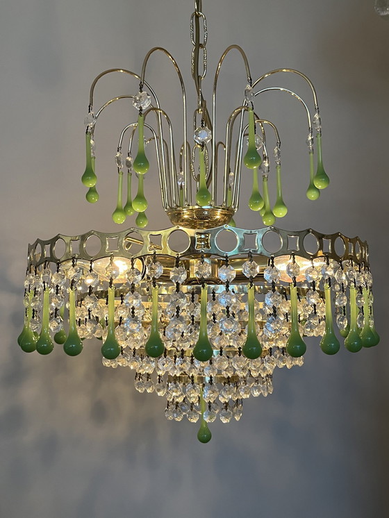 Image 1 of Vintage Opaline Green Teardrop Chandelier Pendant Lamp