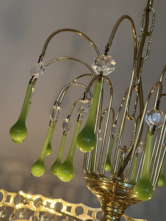 Image 1 of Vintage Opaline Green Teardrop Chandelier Pendant Lamp