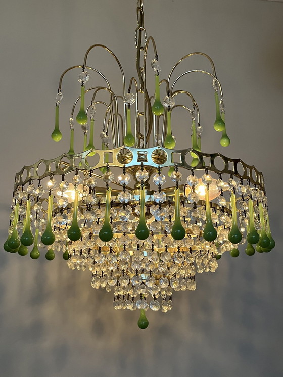 Image 1 of Vintage Opaline Green Teardrop Chandelier Pendant Lamp