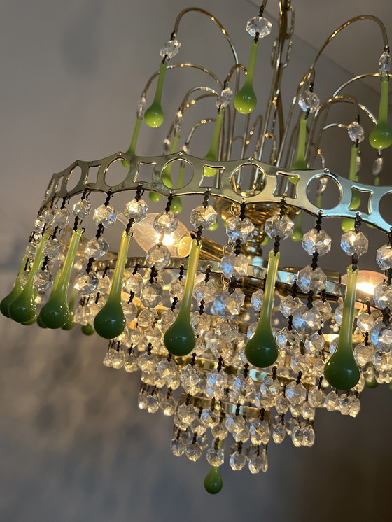 Image 1 of Vintage Opaline Green Teardrop Chandelier Pendant Lamp