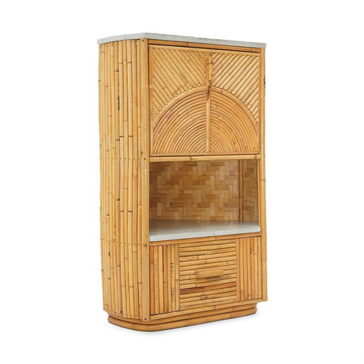 Corner Highboard In Rattan And Marble By Achille Ripamonti, 1980S