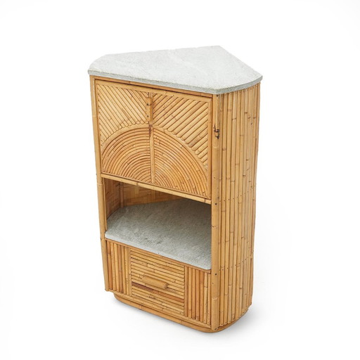 Corner Highboard In Rattan And Marble By Achille Ripamonti, 1980S