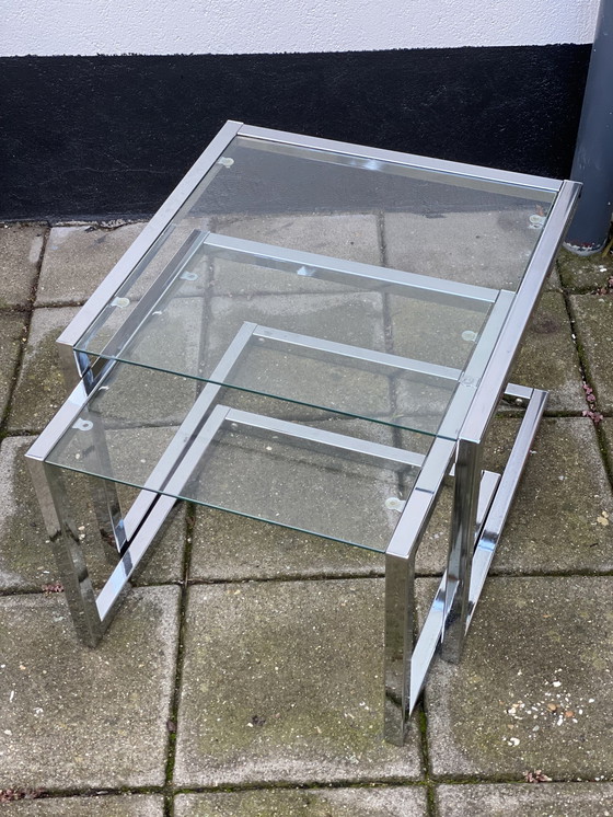 Image 1 of Nest of Chrome and Glass Side Tables