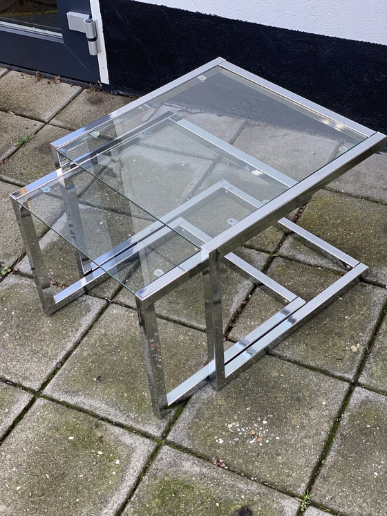 Image 1 of Nest of Chrome and Glass Side Tables