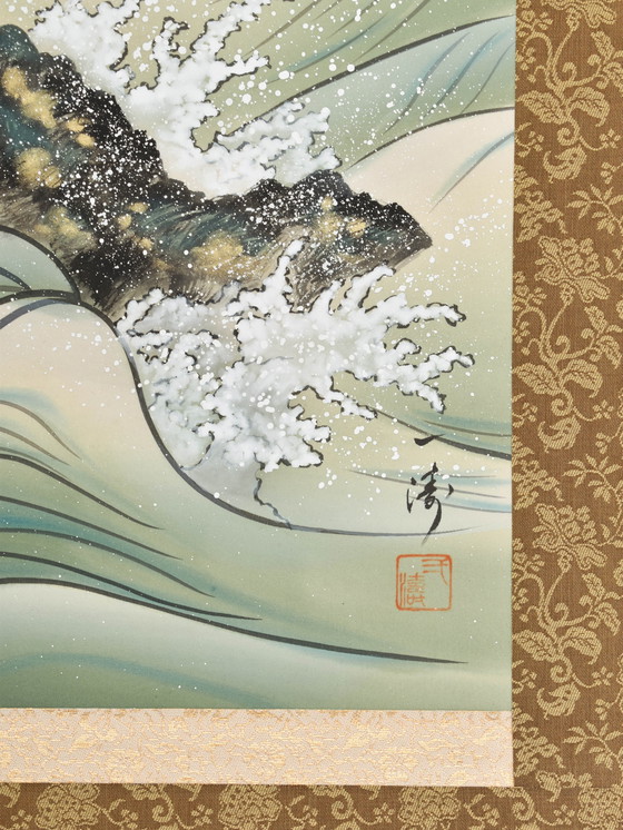 Image 1 of Japanese Scroll - Sunset by rough sea