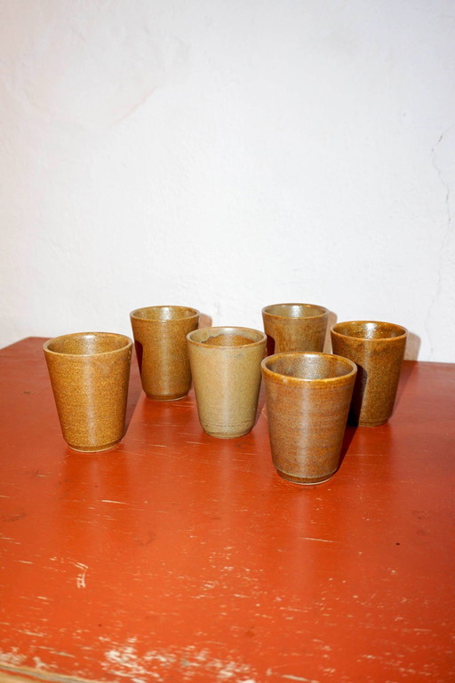 Brown Mid Century Modern Country Stoneware Grès Coffee Cups With White Glaze