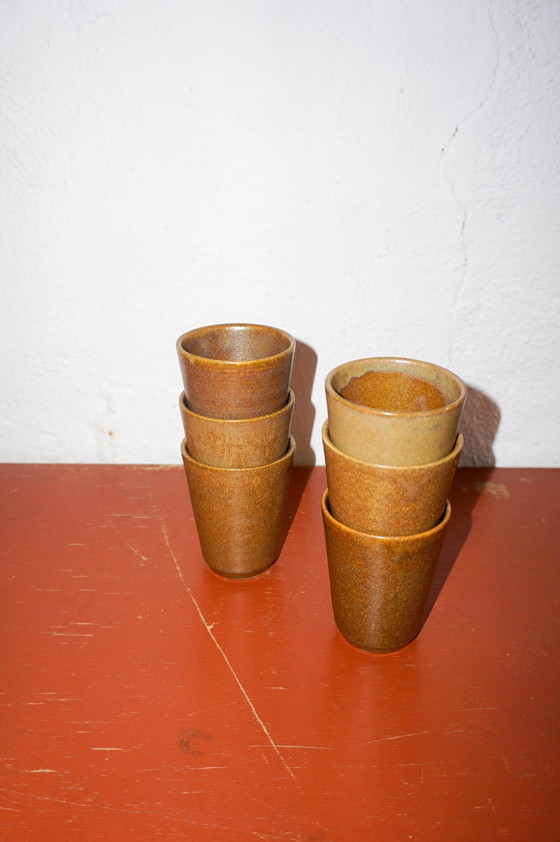 Image 1 of Brown Mid Century Modern Country Stoneware Grès Coffee Cups With White Glaze