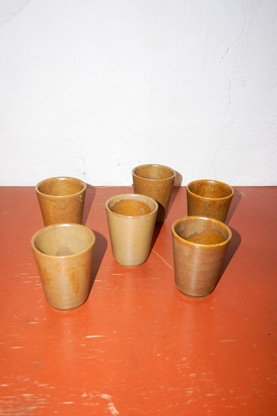 Image 1 of Brown Mid Century Modern Country Stoneware Grès Coffee Cups With White Glaze