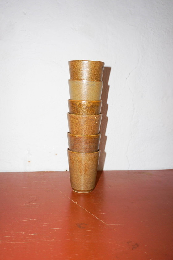 Image 1 of Brown Mid Century Modern Country Stoneware Grès Coffee Cups With White Glaze