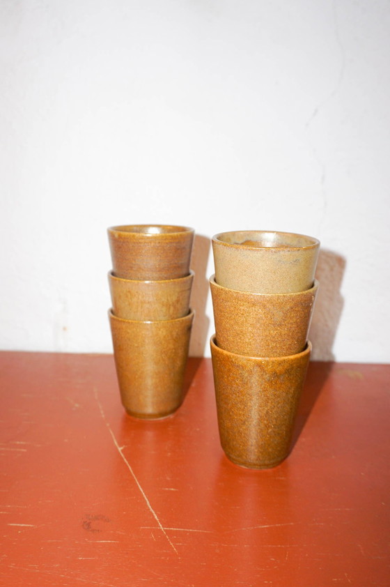 Image 1 of Brown Mid Century Modern Country Stoneware Grès Coffee Cups With White Glaze