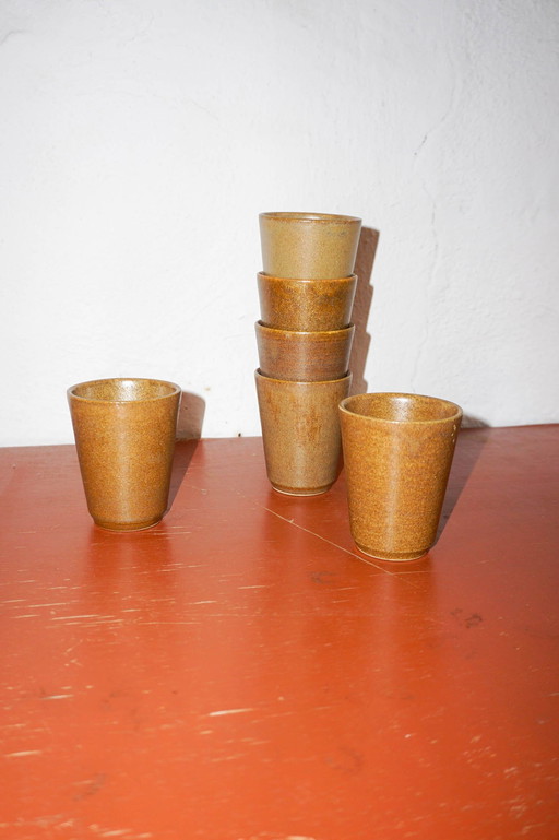 Brown Mid Century Modern Country Stoneware Grès Coffee Cups With White Glaze