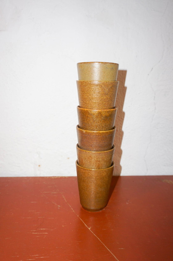 Image 1 of Brown Mid Century Modern Country Stoneware Grès Coffee Cups With White Glaze