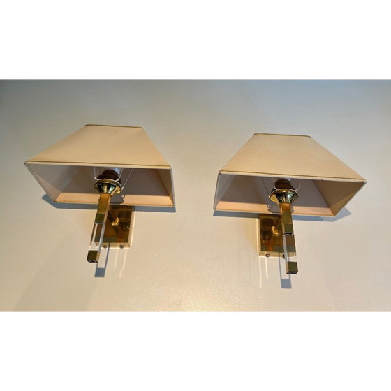 Image 1 of Pair of vintage wall lamps in plexiglass and gilded metal, France 1970