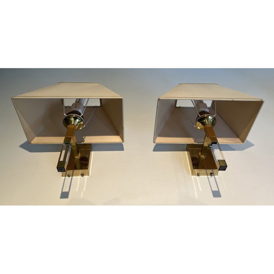 Image 1 of Pair of vintage wall lamps in plexiglass and gilded metal, France 1970