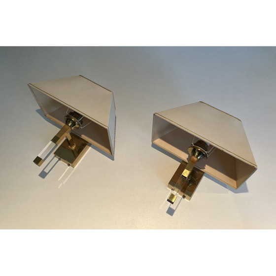 Image 1 of Pair of vintage wall lamps in plexiglass and gilded metal, France 1970
