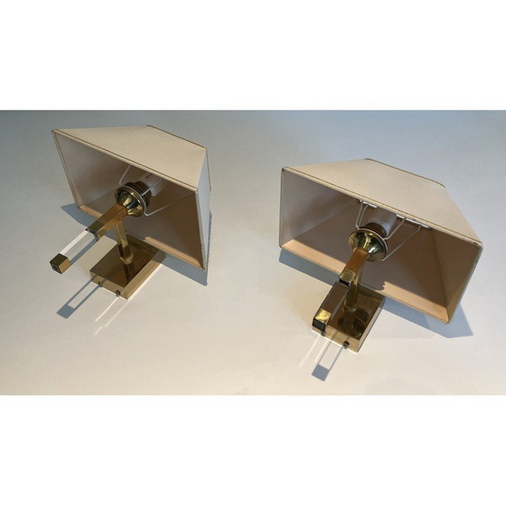 Image 1 of Pair of vintage wall lamps in plexiglass and gilded metal, France 1970
