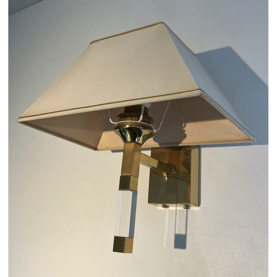 Image 1 of Pair of vintage wall lamps in plexiglass and gilded metal, France 1970