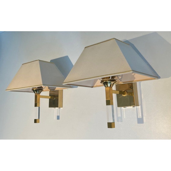 Image 1 of Pair of vintage wall lamps in plexiglass and gilded metal, France 1970
