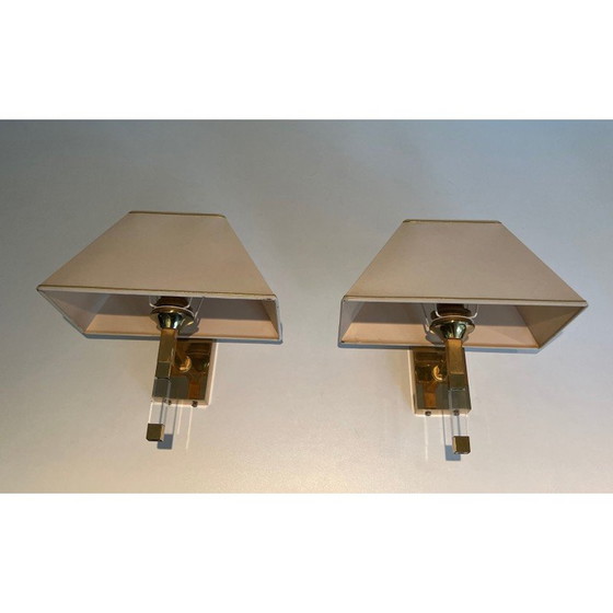 Image 1 of Pair of vintage wall lamps in plexiglass and gilded metal, France 1970