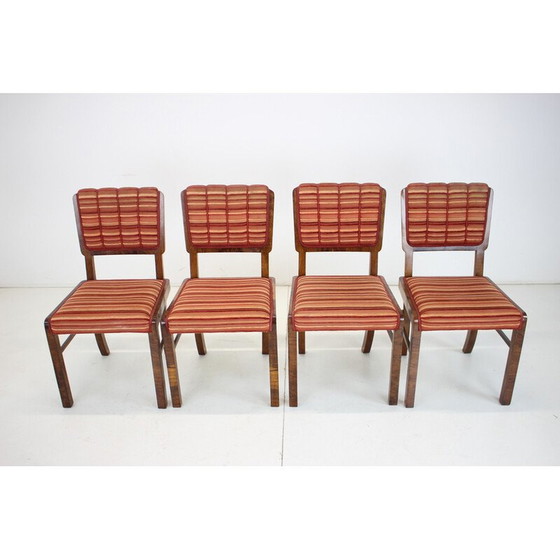 Image 1 of Set of 4 vintage Art Deco dining chairs in walnut, veneer and fabric, Czechoslovakia 1930s