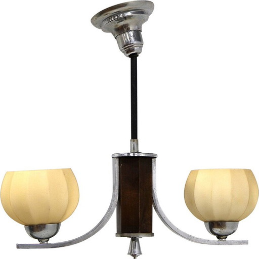 Vintage metal, wood and glass pendant lamp, Sweden 1960