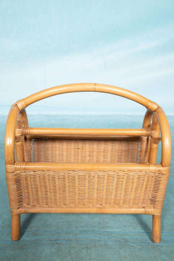 Image 1 of Bohemian wicker reading basket, vintage magazine rack sixties