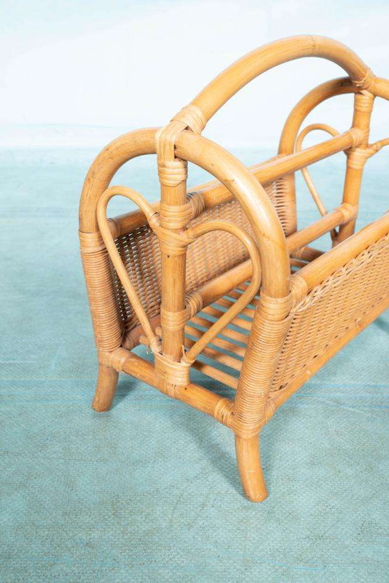 Image 1 of Panier de lecture en osier de Bohème, porte-revues vintage années 60