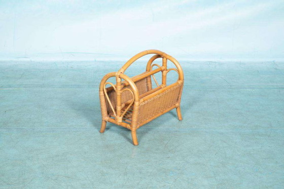 Image 1 of Bohemian wicker reading basket, vintage magazine rack sixties