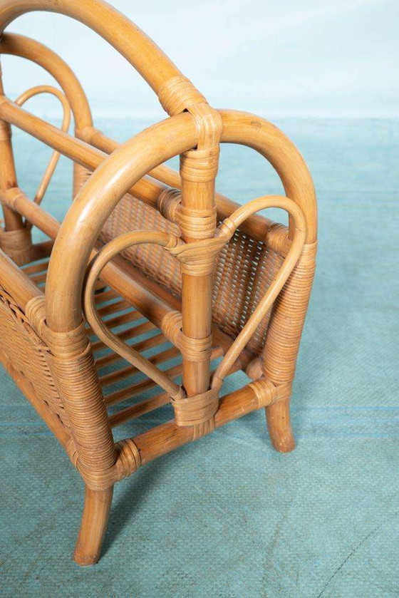 Image 1 of Panier de lecture en osier de Bohème, porte-revues vintage années 60