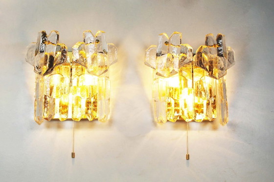 Image 1 of 2X Brass And Heavy Ice Glass Sconces By Kalmar, Austria 1970’S