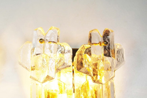 Image 1 of 2X Brass And Heavy Ice Glass Sconces By Kalmar, Austria 1970’S