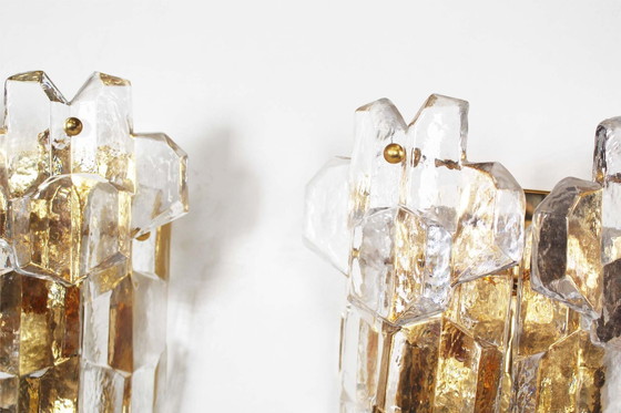 Image 1 of 2X Brass And Heavy Ice Glass Sconces By Kalmar, Austria 1970’S