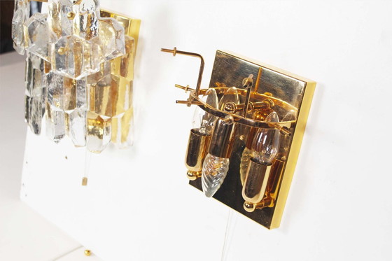 Image 1 of 2X Brass And Heavy Ice Glass Sconces By Kalmar, Austria 1970’S