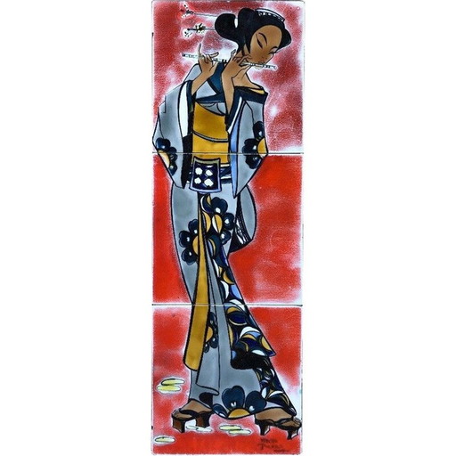 Pintura japonesa vintage de Atelier Picard Vallauris, 1960